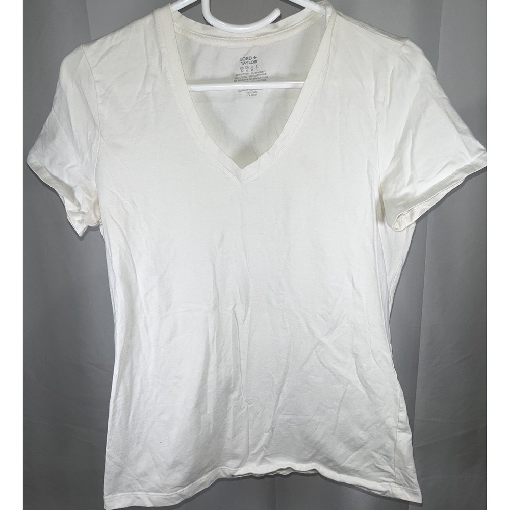 Y2K Lord & Taylor White V Neck Women's Size Medium Short Sleeve